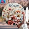 Pc Floral Welcome Wall Decor Beige Brown White Green Pink Gray Peach Round Metal Plate Lightweight Sturdy Aluminum
