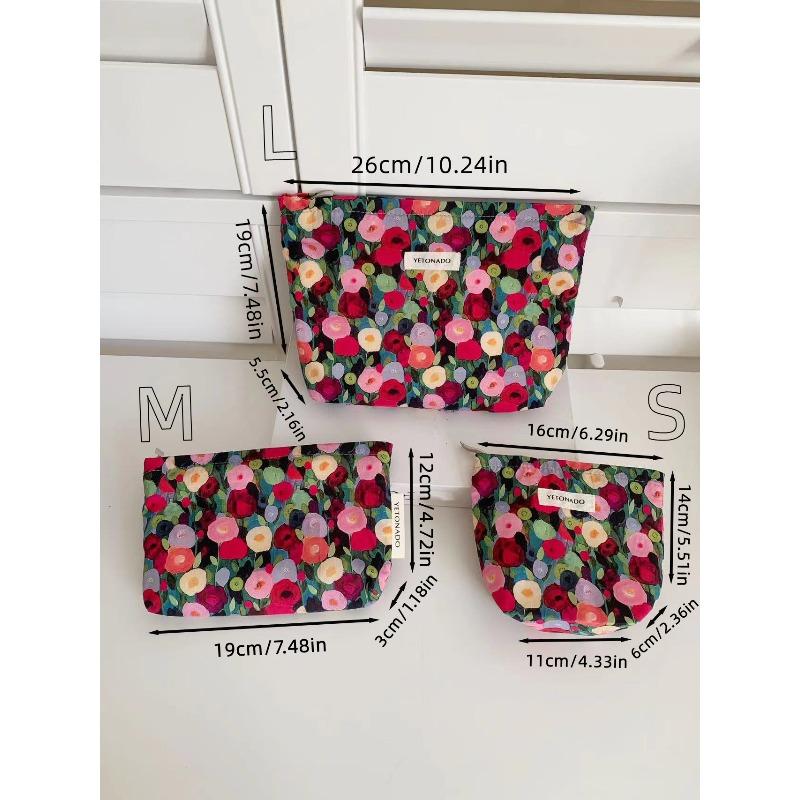 Vintage Makeup Bag Dark Red Floral Jacquard Fabric Cosmetic Pouch Women's Zip Square Clutch Handbag for Toiletries Storage