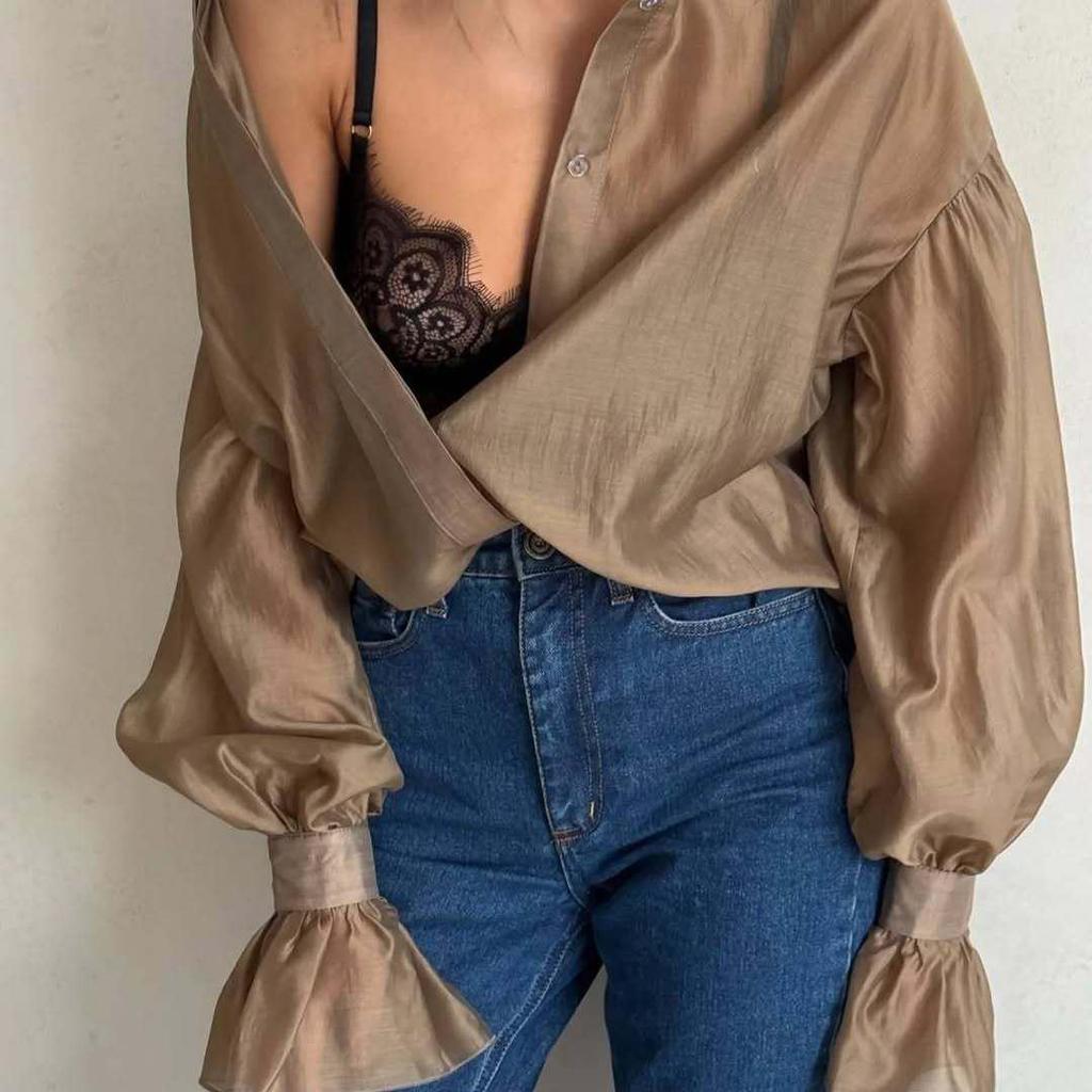 2025 Spring Women's Sweet Fresh Loose Lapel Lantern Sleeve Long Shirt Top