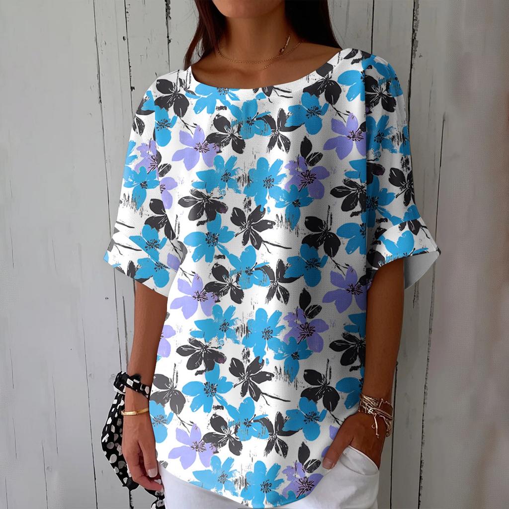 Women's Fashionable Casual Round Neck Printed Top Loose Top Printed Top Loose Top