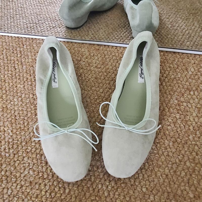 Ballet bow light mouth red single shoes women's new retro Doudou shoes flat women's retro suede grandma shoes