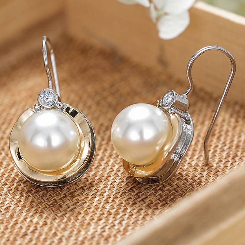 

Huitan Vintage Style Women Drop Earrings Imitation Pearl Two Tone Party Accessories Inlaid Shining Cubic Zirconia Chic Zircon