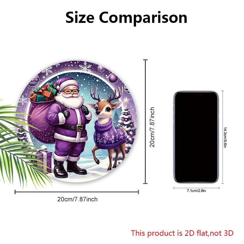 Purple Christmas Wooden Sign with Santa Claus & Elk Pattern, Winter Christmas Round Sign for Front Door Wall Hanging Decor, Ideal Christmas Gift