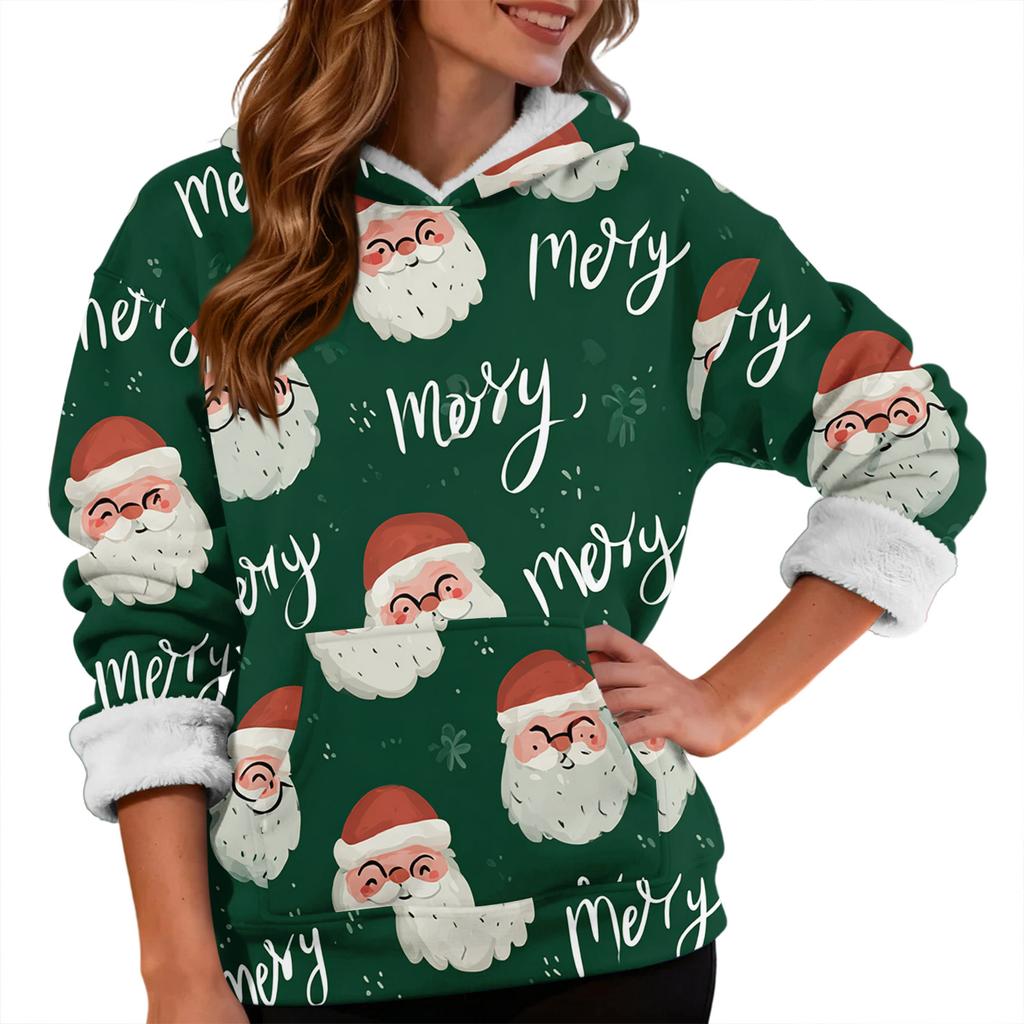 Women's Fashionable Casual Long-Sleeved Christmas Print Fleece-Lined Thick Hooded Sweatshirt