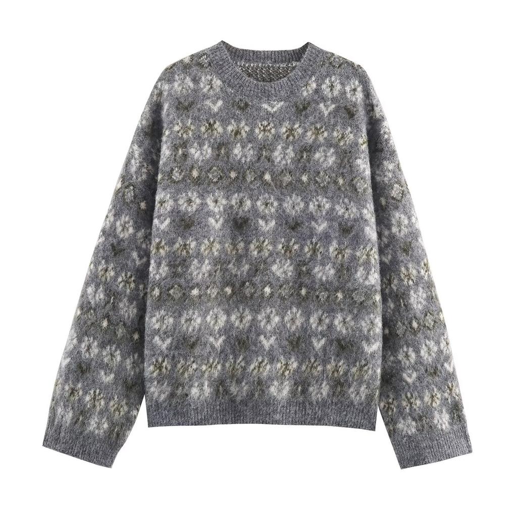 European and American style, new women's clothing, foreign-style color-rubbing effect jacquard knitted sweater 2142/230/802