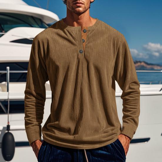 Men Long Sleeve T-Shirt Corduroy Solid Color Spring And Autumn T-Shirt Casual Henry Collar Slim Fit Tee for Daily Wear Travel Office