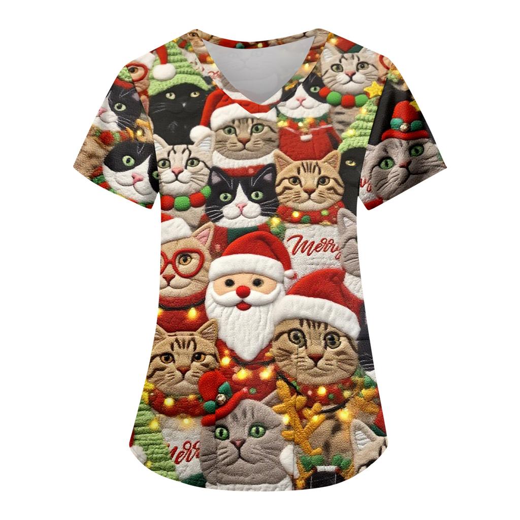 Damska Modna Codzienna Koszulka z Kieszenią i Świątecznym Nadrukiem