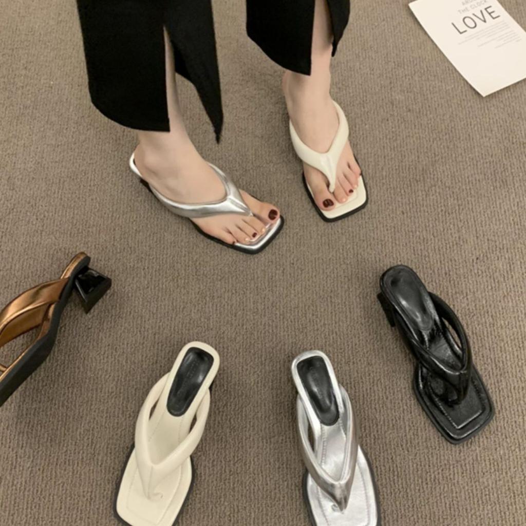 2025 summer new fashion outer wear toe flip-flops thick heel middle heel white cool slippers large size sandals women's trend