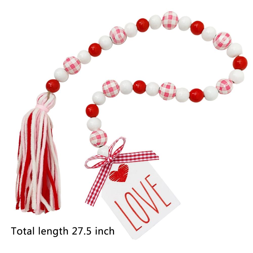 Love Wood Beads Garland Valentine’s Day Tiered Tray Decors Beaded Garland with Tassels Pendant Party Home Decoration Accessories