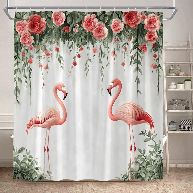 Shower Curtain, Tropical Flamingo Jungle Waterproof Polyester Bathroom Curtain With Hooks, Palm Tree Lotus Flower Decor Bath Cur