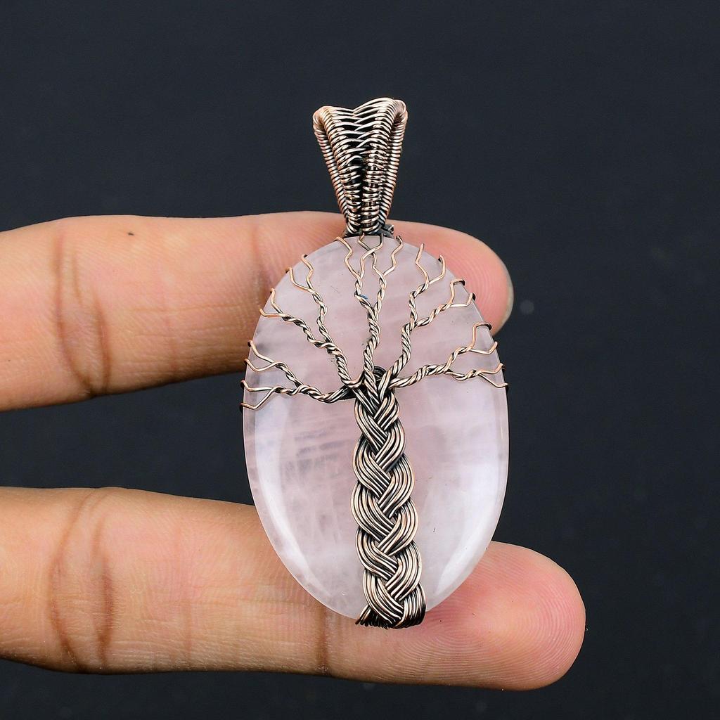 Tree Of Life Rose Quartz Jewelry, 999 Copper Wire Wrapped Pendant Handmade Gemstone Jewelry, Gifts For Wife Brand New Pendant