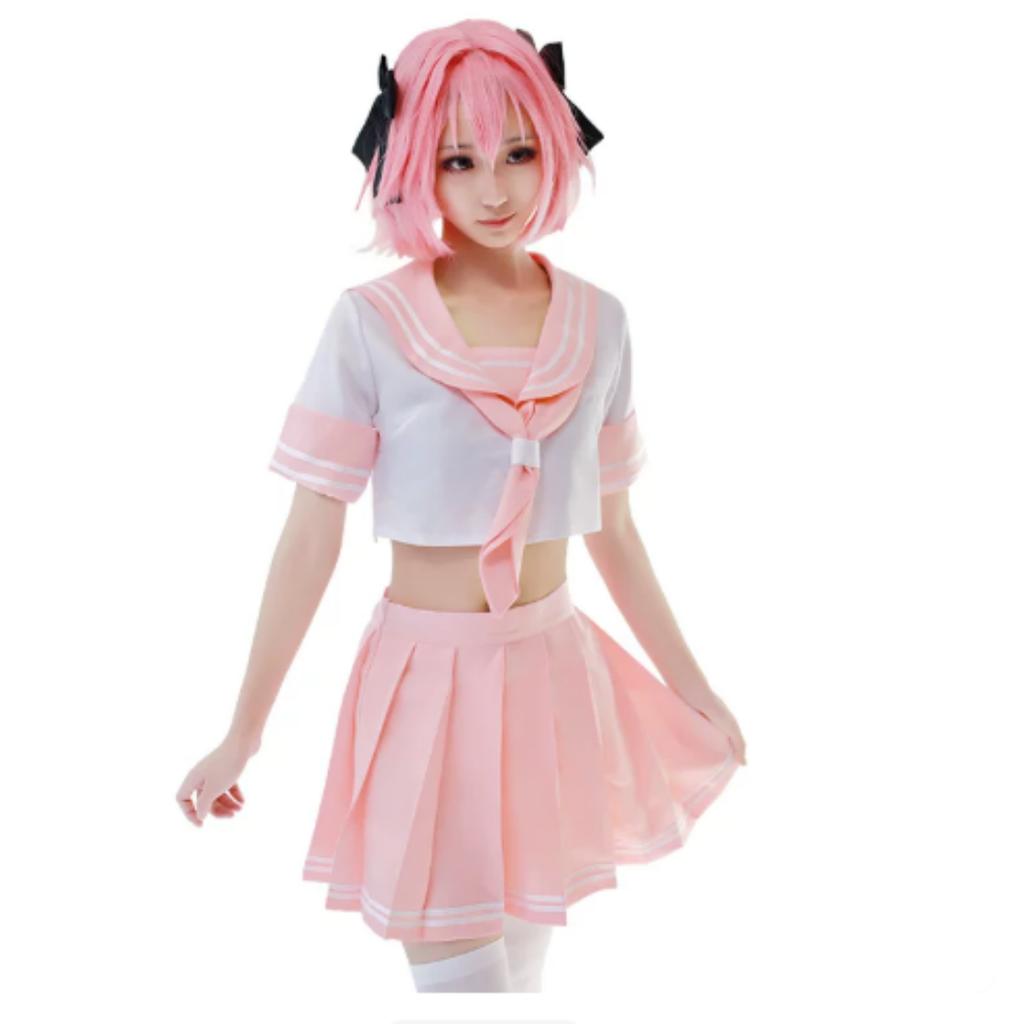 Ensemble Costume Cosplay Astolfo, Tenue Uniforme Marin Rose avec Perruque, Anime Série Fate Costume pour Fête d'Halloween Jeu de Rôle