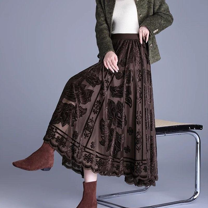 Women's Mesh Flocked Skirt Wide Flare High-Waisted Elastic Waist Gold Velvet Skirt A-line Pleated Skirt