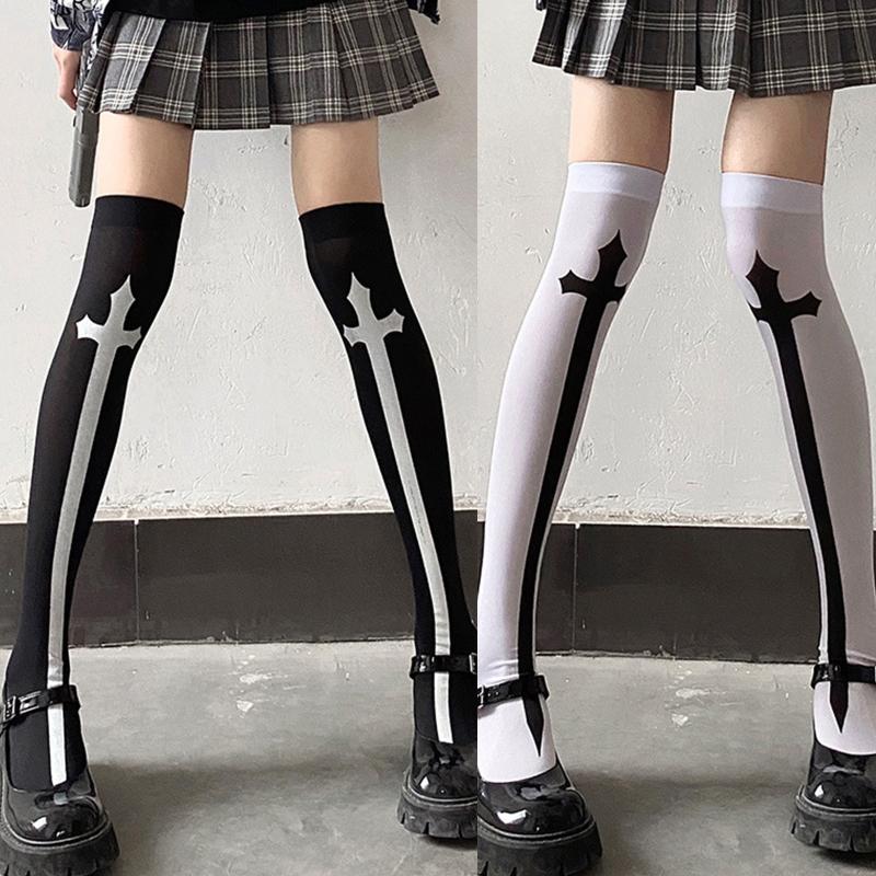 Damen Oberschenkelhohe Socken Halloween für Cross Sword Strümpfe Kniehohe Socken Atmungsaktive Baumwollsocken Gothic Kostüm Requisite