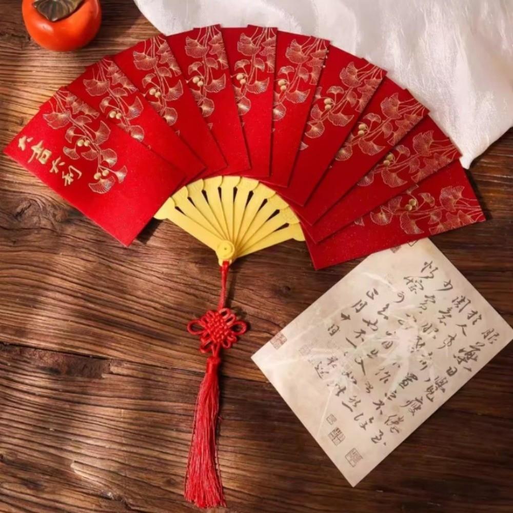 

Traditional Fan Design Red Envelope with Chinese Knot Tassel Spring Festival Red Wallet Paper Hongbao 10 Cards 5x5x5cm