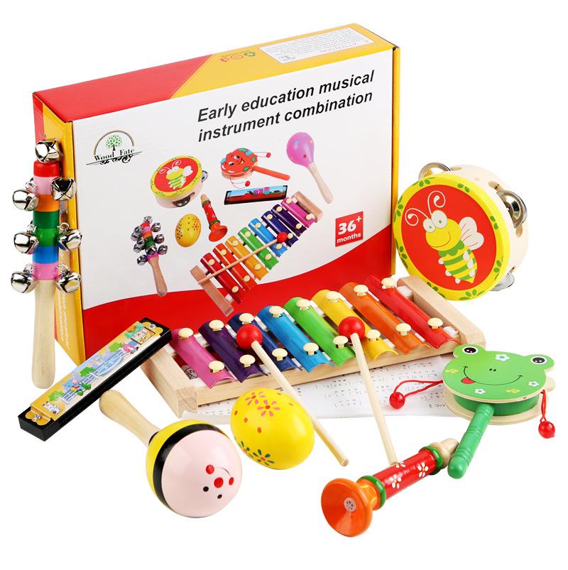 Wooden Orff Musical Instrument Combination Set For Babies Aged 1-3, Sound Enlightenment Rattle Octave Harping Educational Toys