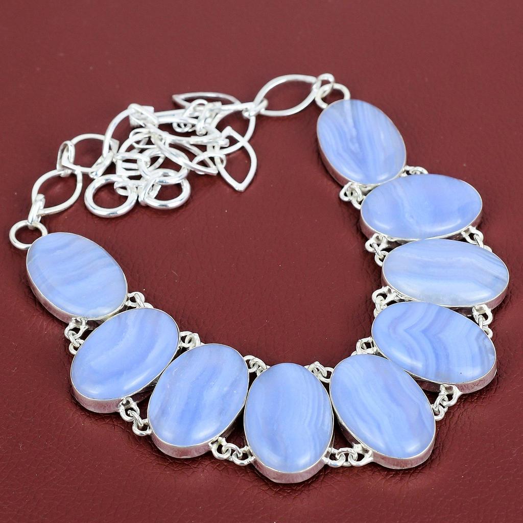 Blue Lace Agate Gemstone Necklace Handmade Jewelry 925 Sterling Silver Necklace Adjustable Chain Necklace Designer Jewelry Gifts for Mother