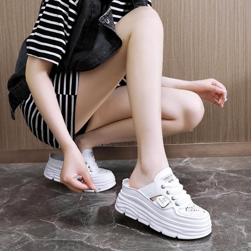 Baotou Half Slippers Women's New Thick Bottom Sandals Hollow Breathable Casual Sports Shoes Thick Bottom Outerwear Sandals