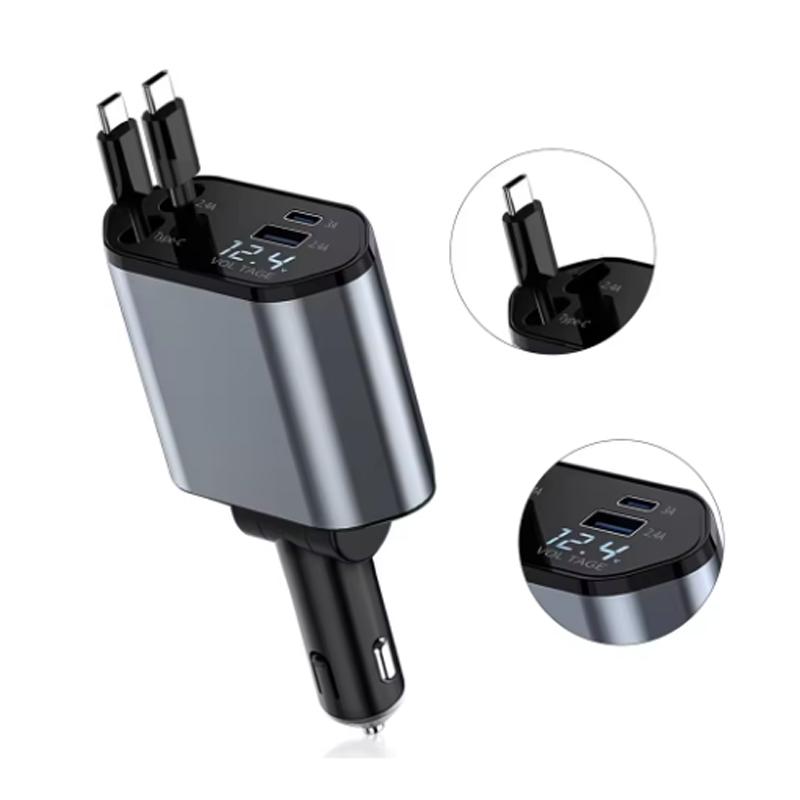 Carregador de Carro Retrátil 4 em 1 120W Cabo USB C Para IPhone Huawei Samsung Cabo de Carregamento Rápido Adaptador Acendedor de Cigarros PD QC3.0