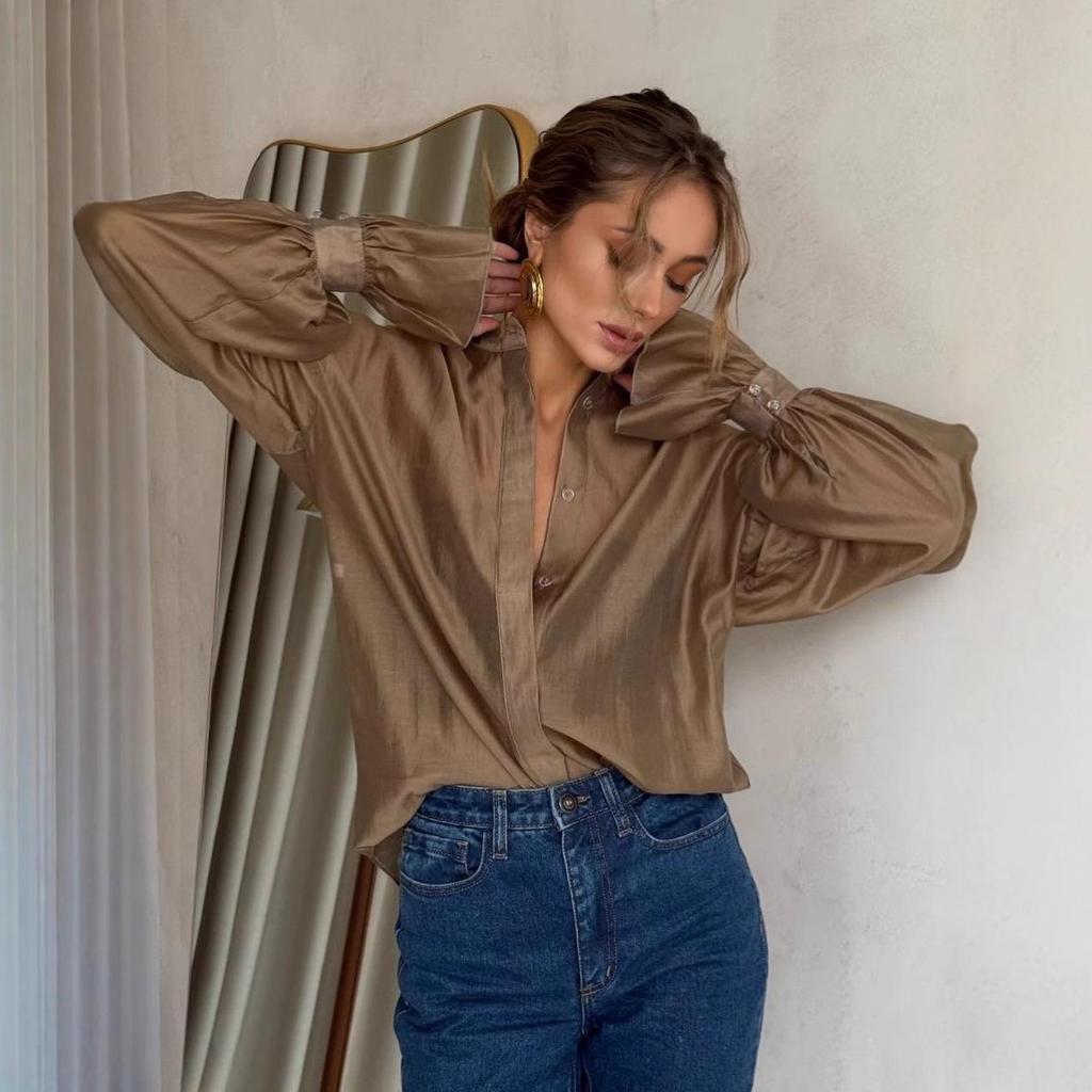 2025 European & American Women's Loose Lantern Sleeve Long Shirt