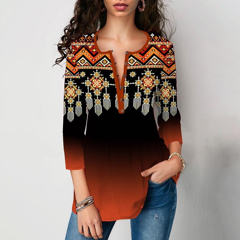 Neuer Trend Damenmode Locker Lässig 3/4 Ärmel Ethnischer Stil Floral Bedruckt Gefalteter V-Ausschnitt Knopfhemd & Blusen Tunika-Tops