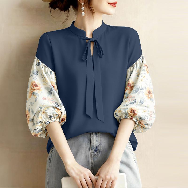 ZANZEA Women Casual V-Neck Floral Print Splice 3/4 Sleeve Blouse