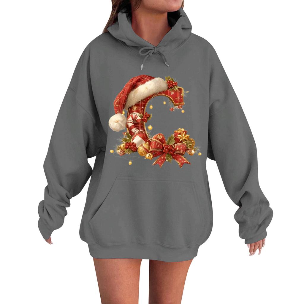 Women's Casual Comfortable Long-Sleeved Christmas Letter-Printed Warm Hooded Crew-Neck Sweatshirt