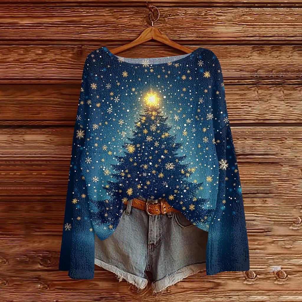 Women's Fashion Round Neck Long Sleeve Christmas Print Casual Pullover Sweater Top