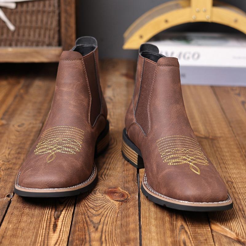 Men's Chelsea Boots High Quality Casual Leather Boots Retro Ankle Boots for Men Embroidery Western Cowboy Boot Botas Masculinas