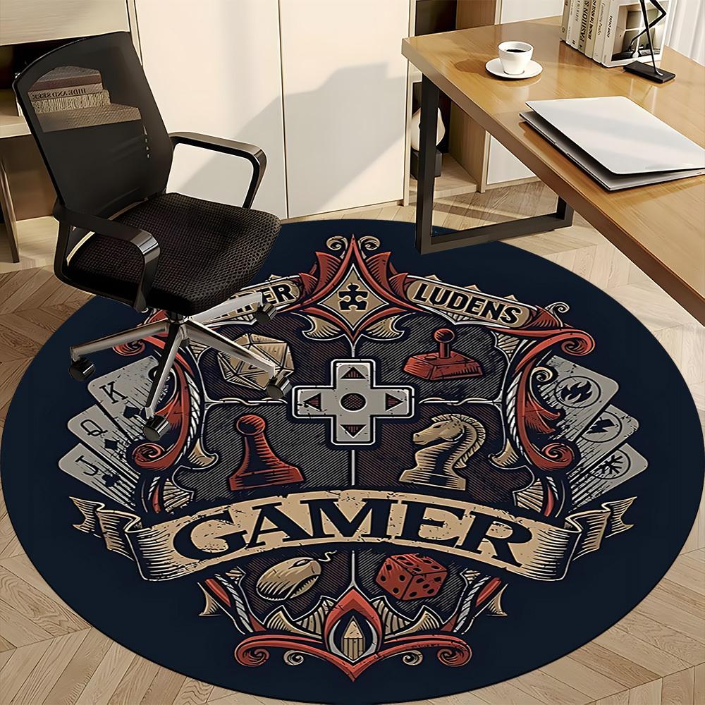 1pc Gamer Crest Office Round Area Rug, Indoor Mat Suitable For Office, Under Office Chairs Bedroom Living Room Home Decor, Room Deco