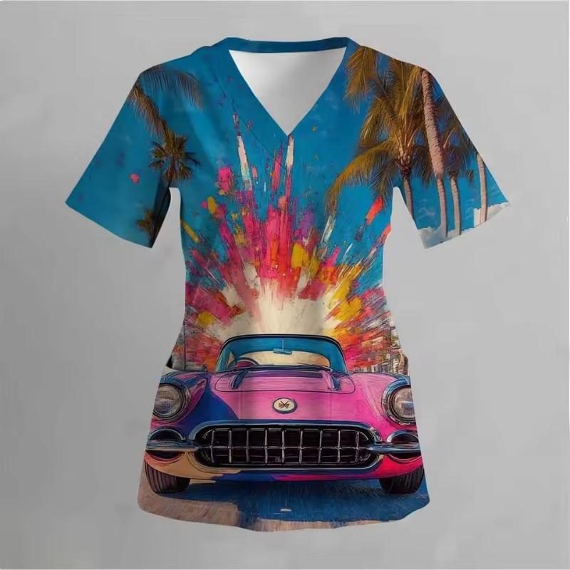 Dámské pracovní uniformy s potiskem roztomilých dinosaurů, trička s výstřihem do V a kapsami, zubní lékař, veterinář, zdravotní sestra, chirurgické uniformy, ošetřovatelství