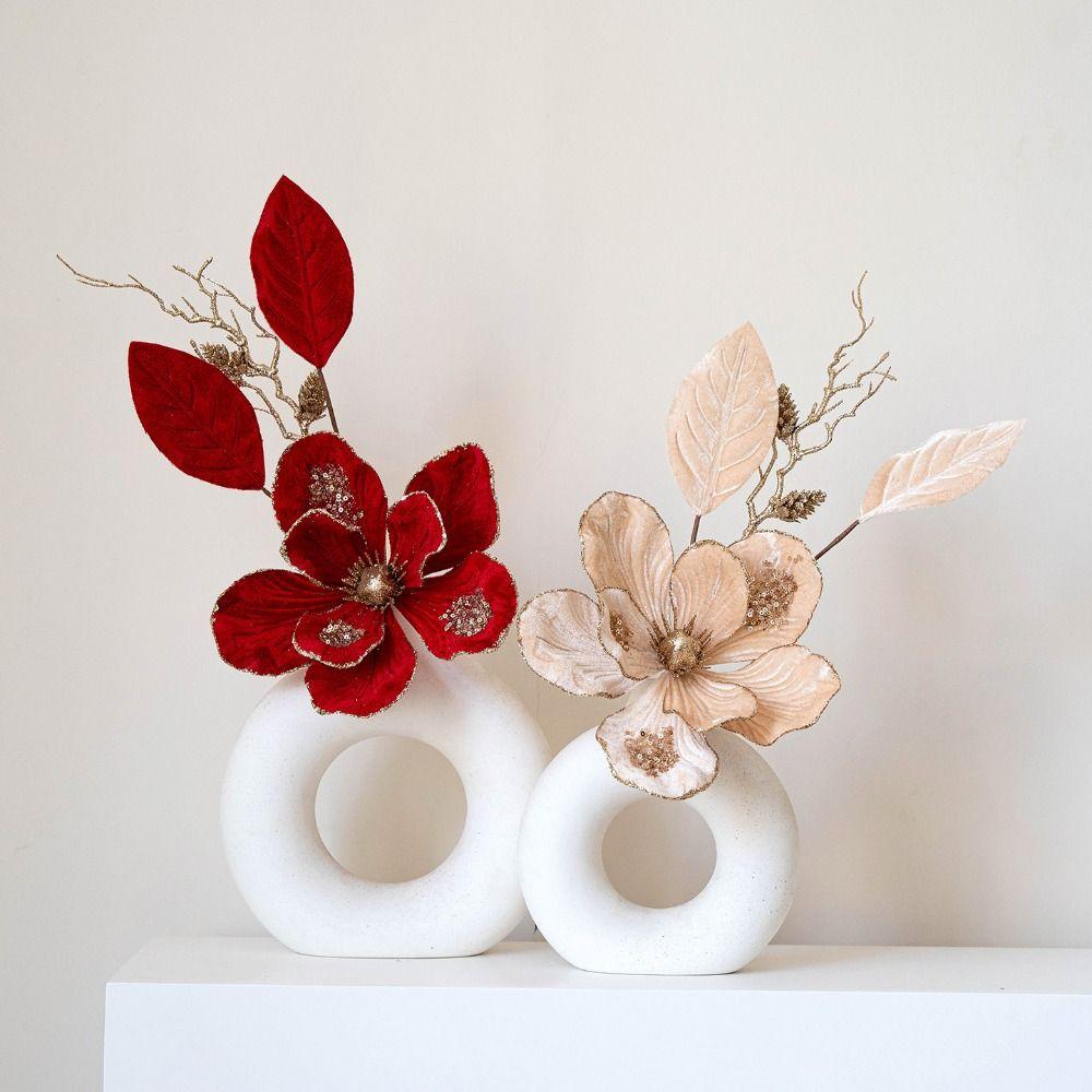 22cm Christmas Artificial Flowers Fabric Plastic Glitter Fake Flower Glitter Poinsettia  New Year