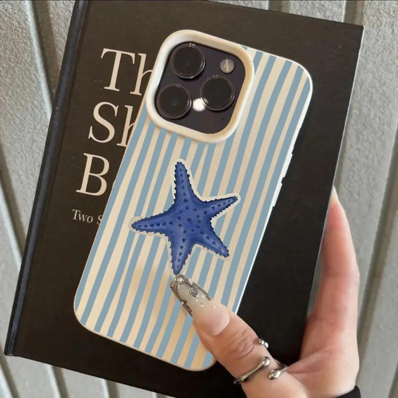Blue Striped Starfish Pattern Soft Candy Color Phone Case For iPhone 17 16 15 14 13 12 11 Pro Max XR X XS 17Air Shockproof Cover