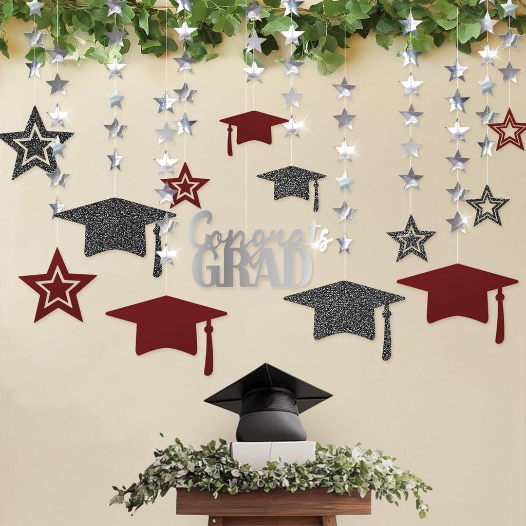 Cheerland 2026 Burgundy Graduation Decorations Black and Maroon Graudation Garland Congrats Grad Banner Cap Grad Party Decor Prom Decoration Silver