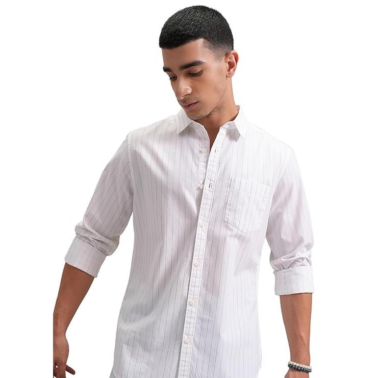Men's Cotton Shirt Regular Fit Mandarin Collar Long Sleeve Striped