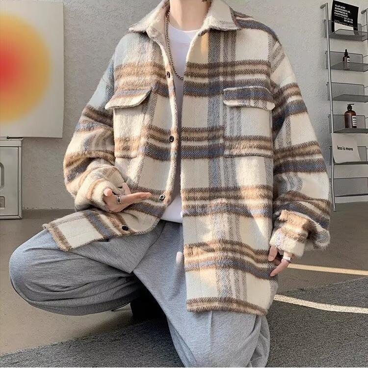 

Men s Autumn/Winter Striped Plaid Wool Jacket - Small Fragrance, Handsome Bomber Style M хакі