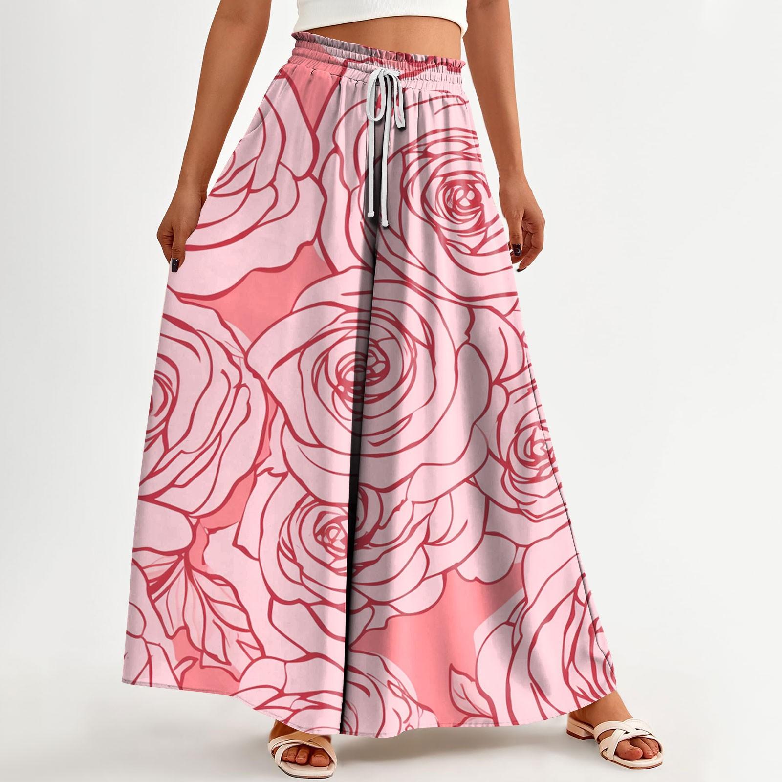 

Women High Waisted Wide Leg Pants Summer Casual Flowy Palazzo Pants Floral Print Beach Trousers With Pocket S