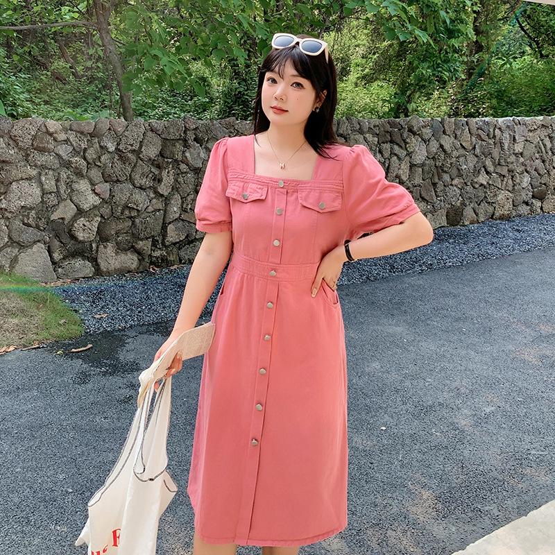 Double Heaven 2024 Summer Plus Size Square Neck Denim Dress - Style D010AB