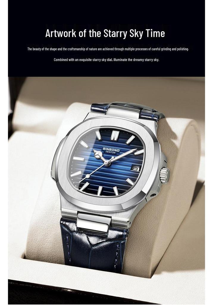Men's Fashionable Waterproof Luminous Calendar Watch with Genuine Leather Strap