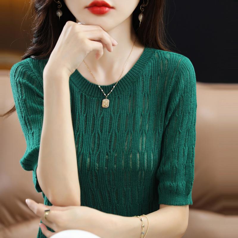 Hollow Hook-up Knitted Short-sleeved Summer Round Neck Pullover Thin Half-sleeved Top T-shirt Fashionable and Versatile Short-sleeved