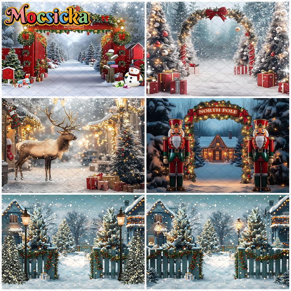 Mocsicka Christmas Photography Backdrop Xmas Tree Snow Deer Gifts Decoration Children Kid Family Holiday Party Background Banner