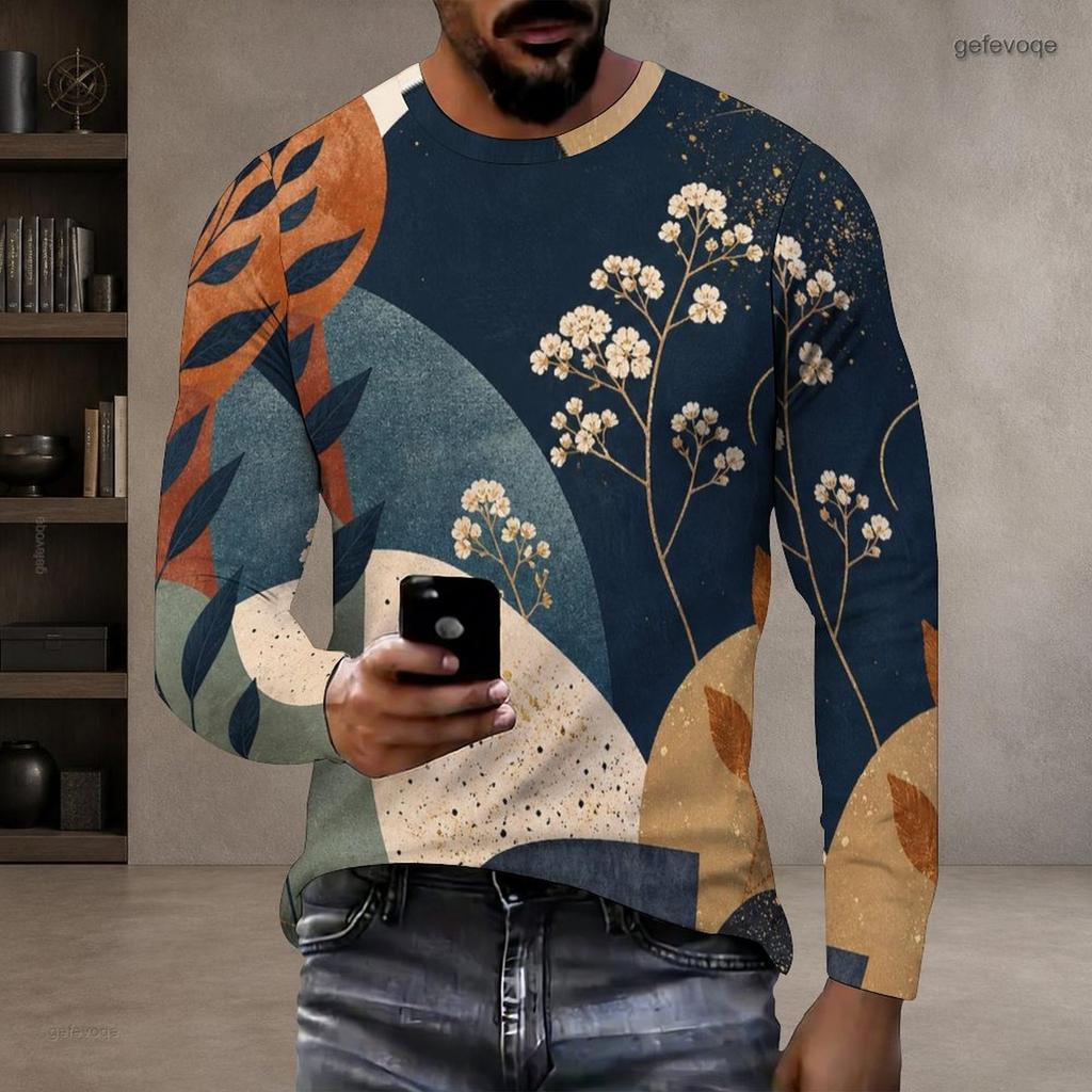 Men Plus Size Round Neck Long Sleeve Printed T Shirt White Blue Khaki Casual Pullover Straight Hem