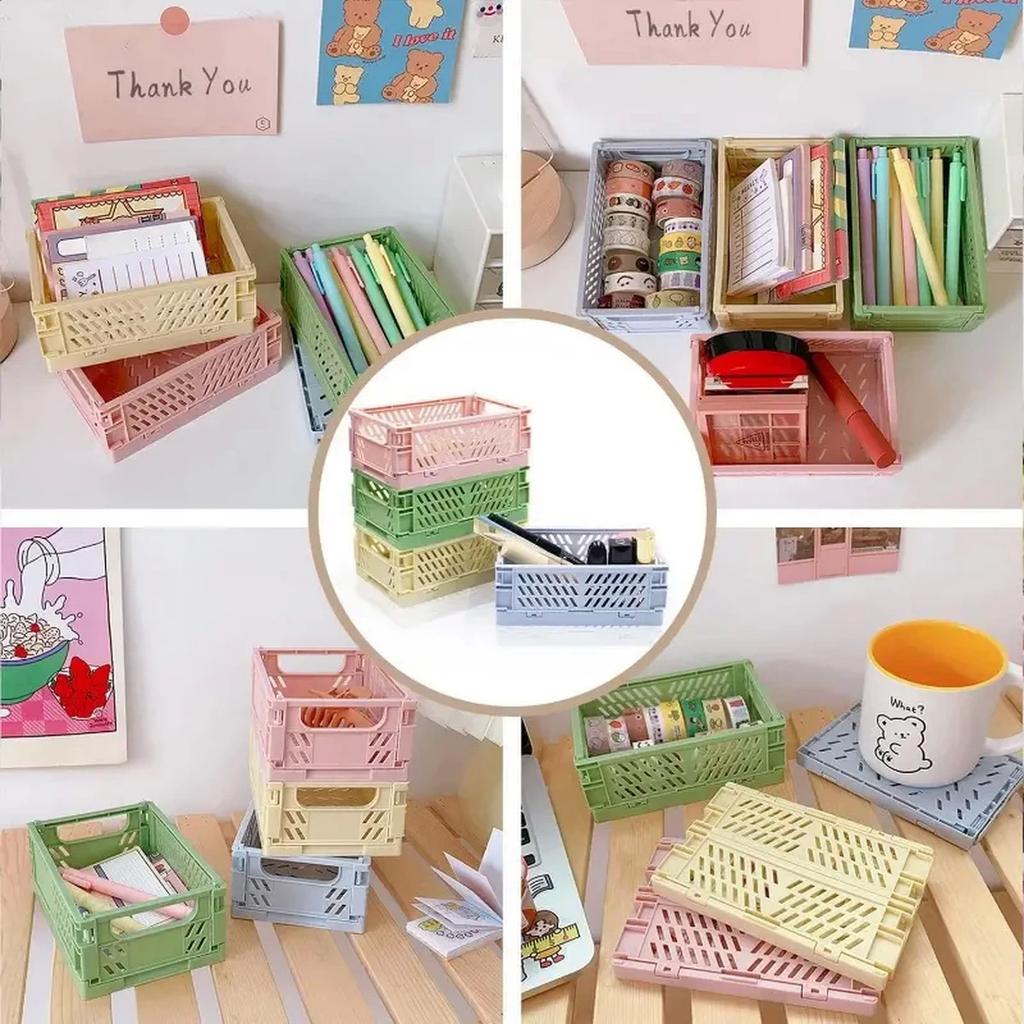 Pastel Plastic Folding Baskets Cute Colorful Organizing Crates for Desktop Drawer Shelf Storage Boxes