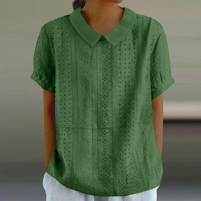 Chemisier d'été en lin à manches courtes et col de poupée pour femme, ample, couleur unie, décontracté, boutonné, patchwork
