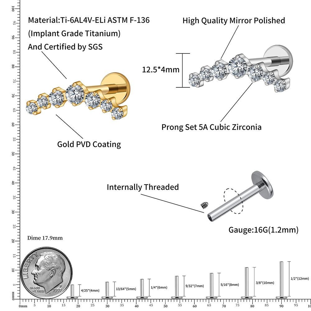 Pravý Velký ASTM F136 Titan 16G CZ Seskupený Climber Stud Náušnice Labret Helix Tragus Chrupavka Stud Plochý Zadní Piercing