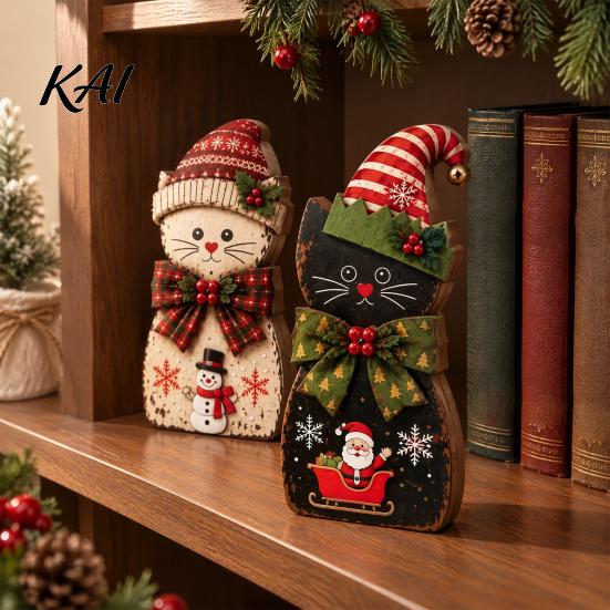 Wooden Desktop Decorations 3Pcs Christmas Cat Tabletop Decor, Rustic 2D Figurines with Xmas Reusable Holiday Crafts Hat, Santa & Gingerbread Patterns