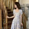 Blue Floral French Square Neck Midi Dress with Waist-Cinching Design