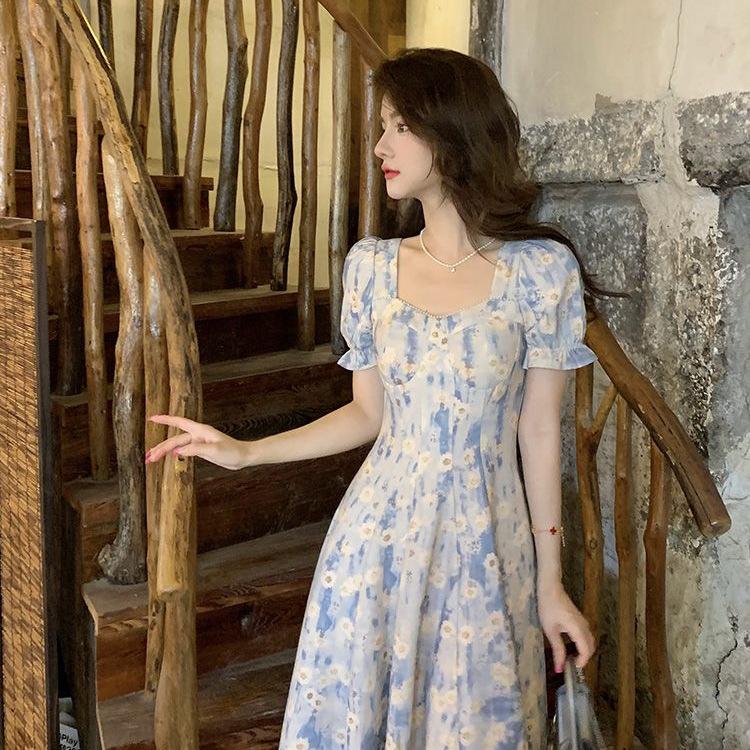 Blue Floral French Square Neck Midi Dress with Waist-Cinching Design