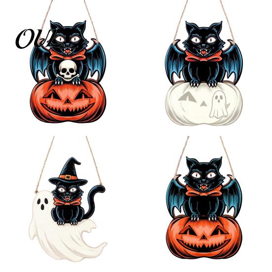 Retro Farmhouse Home Accents Halloween Wooden Door Hanging Sign, Black Cat Bat Pumpkin Wall Plaque with Wings Party Decoration Jute Rope, Front Porch
