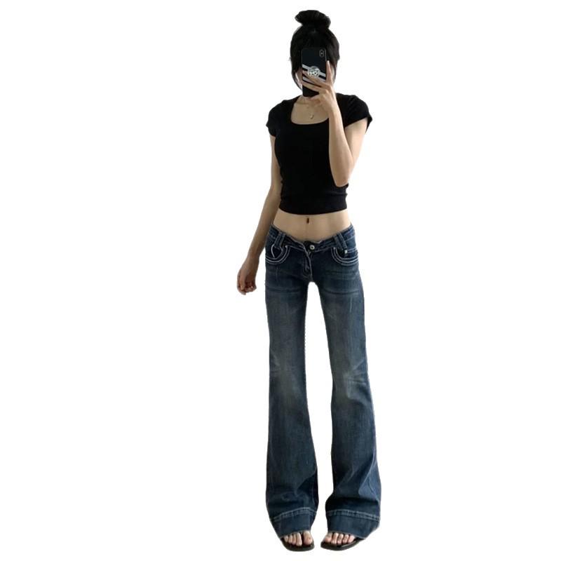 Women's Dark Low-Rise Micro-Flare Jeans: Versatile, Stretchy, Slimming, Retro Style, Bell Bottom Pants